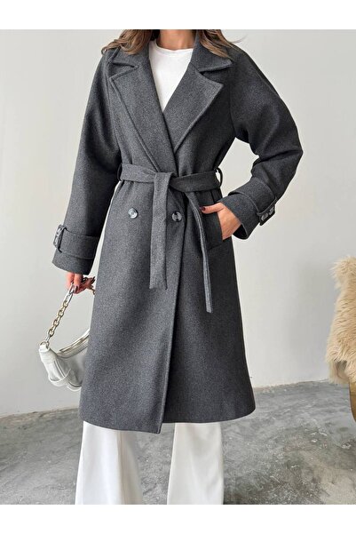 BE CHİC Women's Anthracite Lined Belted Pocketed Imported Premium Fabric Midi-Length Coat G6000