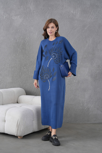 Miss Allos Women's Front Beaded Wide Fit Long Knitwear Dress