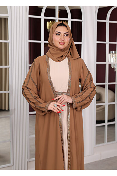 NHMODA Stone Detailed Belted Hijab Evening Dress Two-Piece Set (Including Shawl)