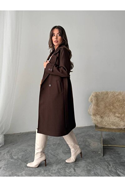BE CHİC Women's Brown Lined Belted Pocketed Imported Premium Fabric Midi-Length Coat G6000