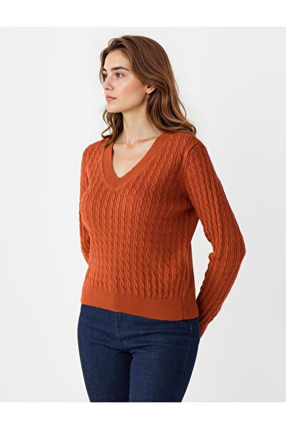 Jimmy Key Kıremıt V Yaka Saç Örgü Desenli Triko Kazak