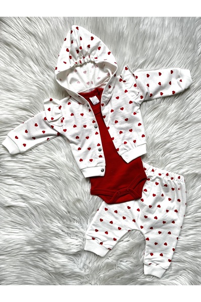 Linda Harris Heart Pattern Ecru Hooded Bodysuit 3-Piece Newborn Baby Girl Set