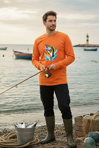 WİDİ Μακρυμάνικο μπλουζάκι με λαιμόκοψη πορτοκαλί χρώματος Fishing Fishing Sea με τύπωμα