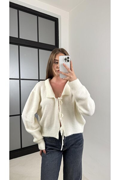 Gaus Ecru Knit Cardigan with Tie Detail on the Front Gaus-00552