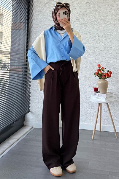 MELEK ARAZ ربطة عنق أمامية عالية الخصر بنطلون واسع الأرجل – بني