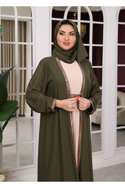 NHMODA Stone Detailed Belted Hijab Evening Dress Two-Piece Set (Including Shawl)