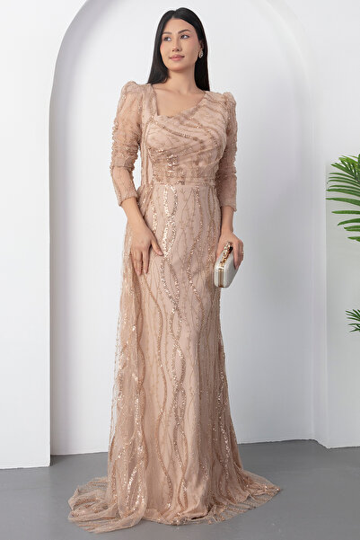 PULLIMM İp Yaka Uzun Kol Boncuklu Tül Elbise DMN5226