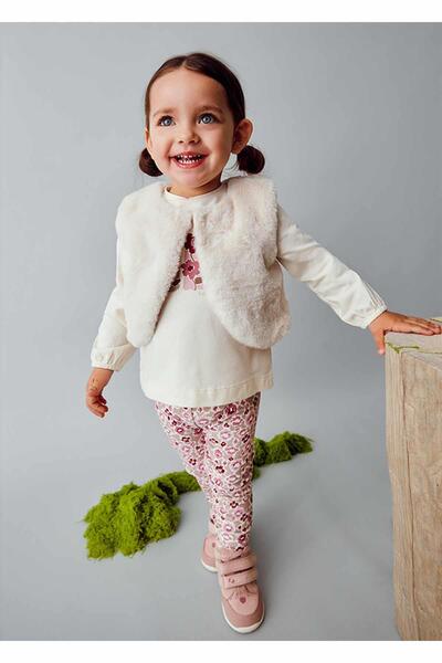 MAYORAL Kışlık Kız Bebek 3'lü Kürklü Yelek Taytlı Takım - Bej ve Pembe