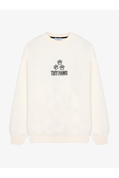 Quzu Köpek ve Pati Desenli Oversize Sweatshirt Ekru