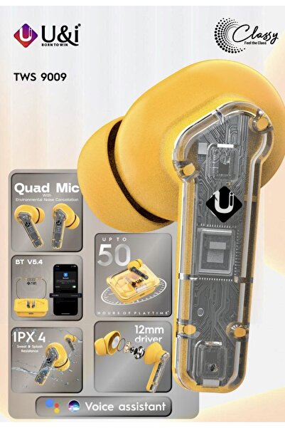 u & i سماعات أذن لاسلكية حقيقية (سلسلة كلاسيك) - أصفر نابض بالحياة، ميكروفون رباعي ENC، وقت تشغيل يصل إلى 50 ساعة