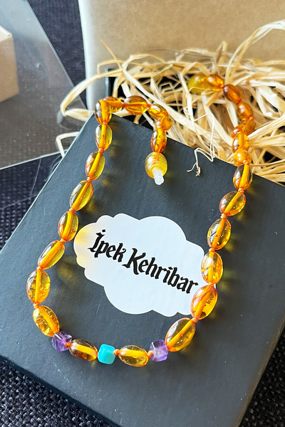 İpek Kehribar Yassı Karamel Original Drop Amber Baby Girl & Child Necklace – Turquoise Amethyst Stone Silk-345