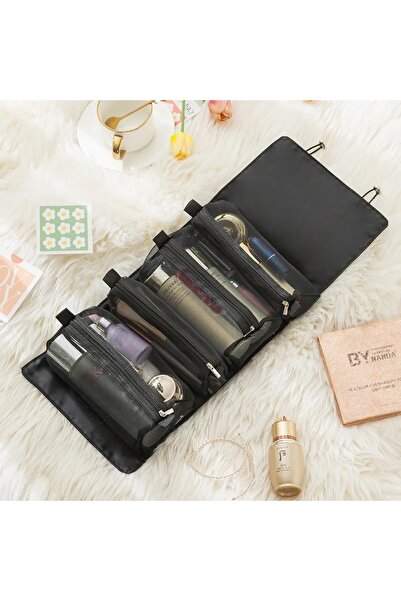 Choice حقيبة مستحضرات تجميل سوداء قابلة للفصل محمولة بسعة كبيرة 4 في 1 حقائب مكياج محمولة قابلة للطي للسفر