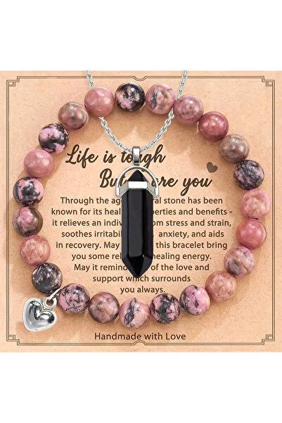 Choice وردي وأسود - قطعتان من قلادة الجمشت ذات العمود السداسي وسوار العقيق ال...