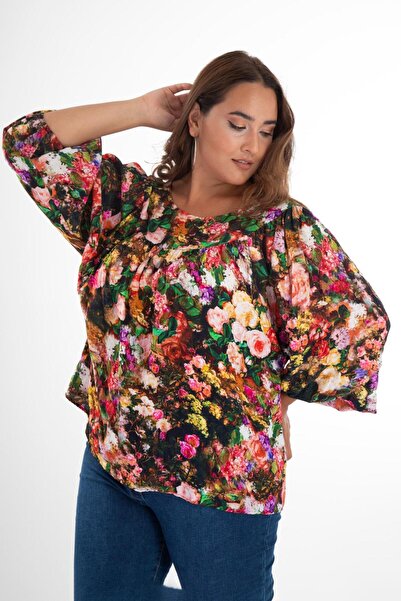Roxxlen Γυναικεία μπλούζα μεγάλου μεγέθους με ντραπέ χρώματα στο μπροστινό μέρος Πολύχρωμη