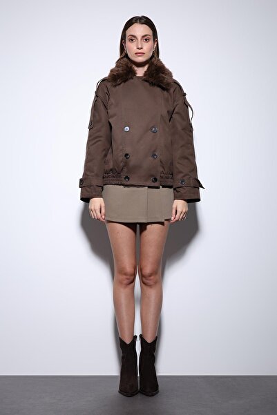 Antioch Brown Faux Fur Short Women's Trench Coat
