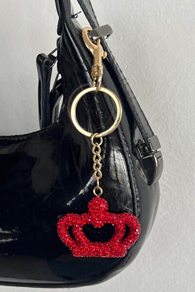 TAKIŞTIR Gold Color Crown Figured Red Stone Detailed Bag Charm/ Keychain