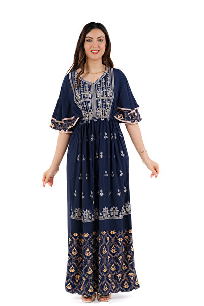 amaan Women Embroidered Jalabiya Dress, Rayon Fabric, Modern Arabic Design,bell sleeeves and empire waist