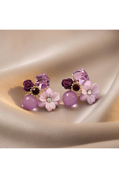 Choice أقراط نسائية بنمط زهرة كريستال أرجوانية - بدلة أزياء كورية وحفلات زفاف وأناقة للفتيات