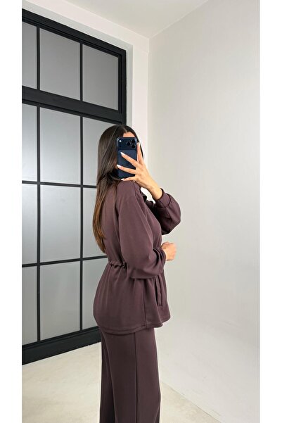 Gaus Brown Drawstring Waist Cardigan Pants Two-Piece Modal Set Gaus-00571