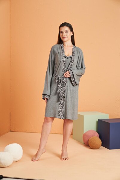 PJS Rochie de casă cu mânecă lungă din viscoză cu model pentru femei