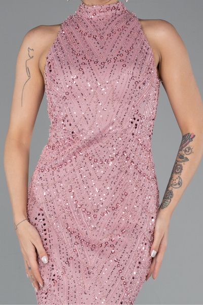 Abiyefon Pudra Halter Yaka Boncuklu Uzun Balık Abiye ABU4791