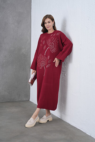 Miss Allos Women's Front Beaded Wide Fit Long Knitwear Dress