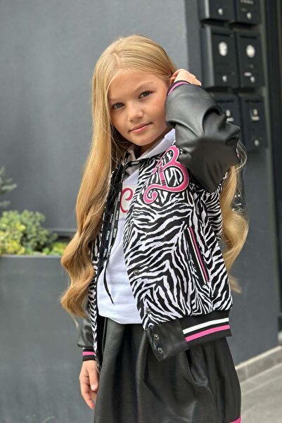 Riccotarz Girl's V Cool Writing Printed Sweatshirt Zebra and Pink Striped Detail Leather Jacket with Skirt Set