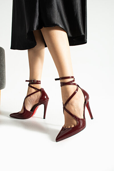 Güllü Shoes Burgundy Patent Leather Ankle-Strap Pointed Toe High Thin Heels Women's Stiletto Shoes