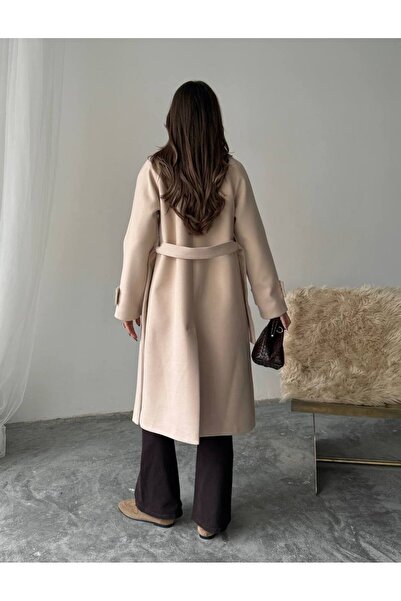 BE CHİC Jachetă de damă, culoare bej, căptușită, cu curea, buzunar, din material premium importat, lungime midi, model G6000