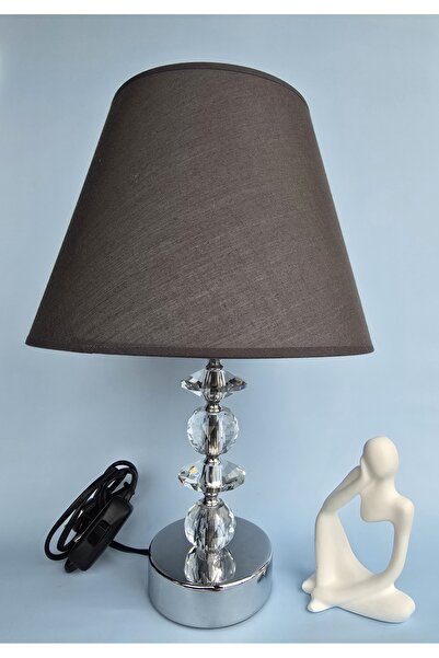 fey atelier أباجورة، مصباح طاولة سلكي، مصباح ليلي، قبعة كبيرة رمادية اللون، قاعدة كريستالية حقيقية من الكروم، أباجورة سلكية