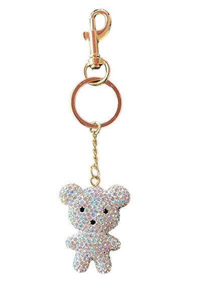 TAKIŞTIR Silver Color Stone Detailed Bag Charm/Keychain with Gold Color Teddy Bear Figure