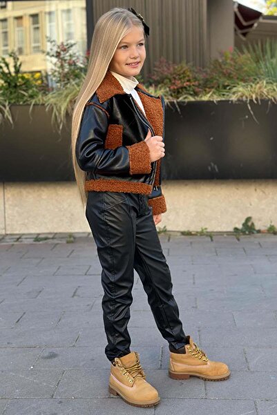 Riccotarz Girl's Black Jacket with Plush Detail on Sleeves and Collar Mock Neck Sweater Leather Bottom Top Set