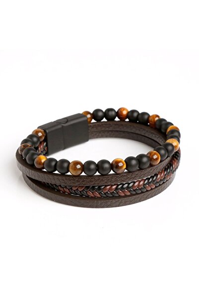 Choice سوار جلدي للرجال من عين النمر بطول 20 سم، سوار جلدي متعدد الطبقات من خ...