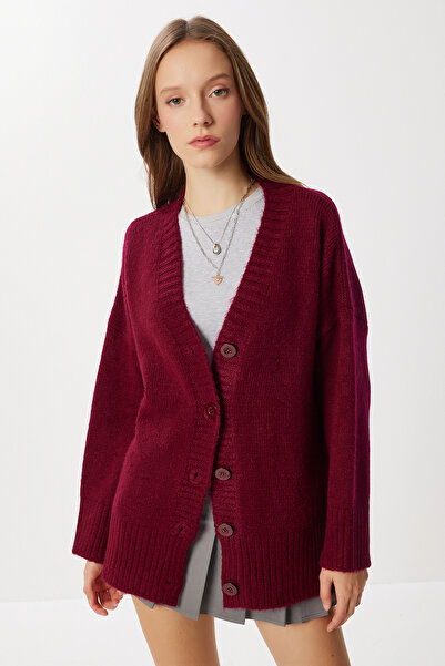 Lovelyİstanbul Oversized Plain Knitwear Cardigan Lnf0027 Bordo