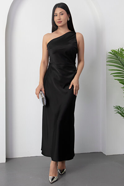 PULLIMM Rochie din satin cu un singur umăr și talie adunată YZC25Y244