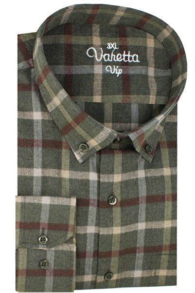 Varetta Plus Size Men's Green Wool Winter Shirt – Wide Cut Flannel Model with Pockets