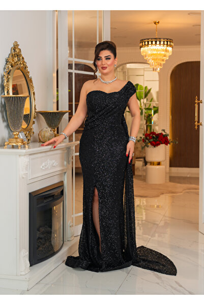 DADO BELLA Siyah Tül Üzeri Payet Boru Kumaş Tek Omuz Pelerin Detaylı Yırtmaçl...