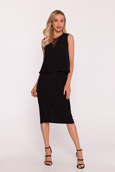 Stylove s422 Elegant dress with double top and lace insert