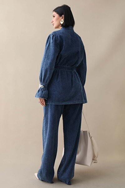 InStyle Костюм з рукавами з камінцями та воланами, темно-синій