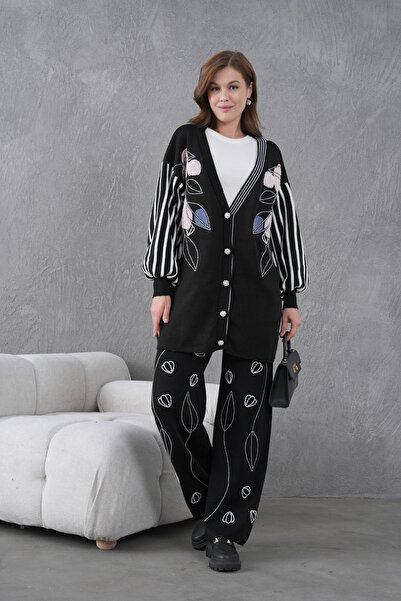 Miss Allos Women's Beaded Wide-Fit Knitwear Cardigan and Pants Bottom-Top Set