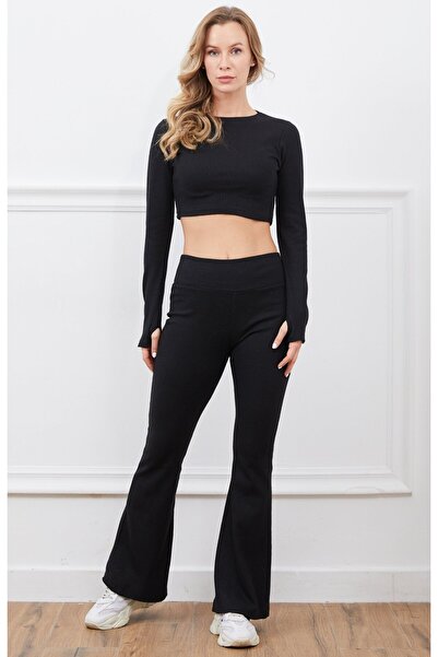 moda felinya Women's Black Color Crop Double Set with Tie-Up Detail at the Toes