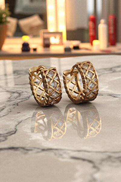 AXXION Pırlanta Montür Işıltılı Zirkon Taşlı Geometrik Çelik Halka Küpe