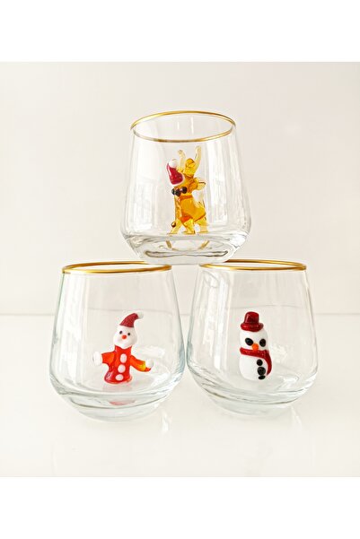 ADAMODART Santa Claus - Snowman - New Year's Deer Glass Figurine Gilded 3-Piece Coffee Side Water Glass