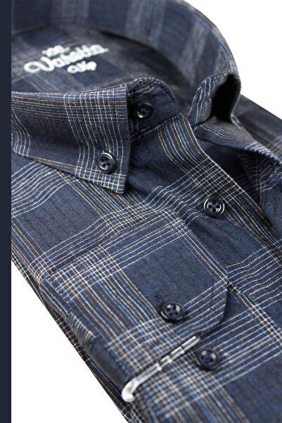 Varetta Plus Size Men's Navy Blue Wool Winter Shirt – Wide Cut Flannel Model with Pockets