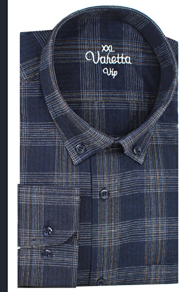 Varetta Plus Size Men's Navy Blue Wool Winter Shirt – Wide Cut Flannel Model with Pockets
