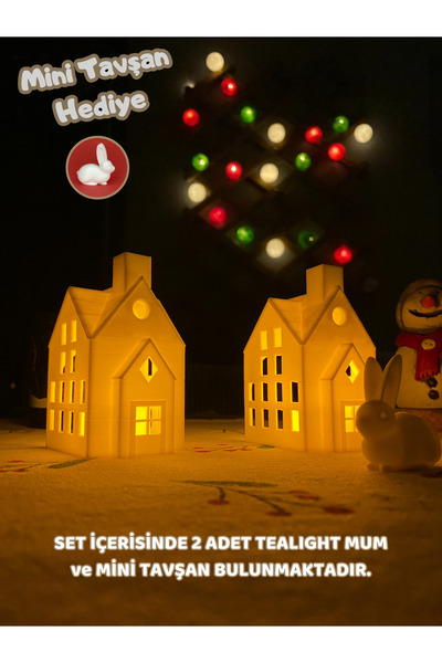 Root Made Kış Evleri 2li Set - Dekoratif Noel Evleri Plli Led Mumluk - Balkon Dekoru - Mum ve Tavşan Hediyeli