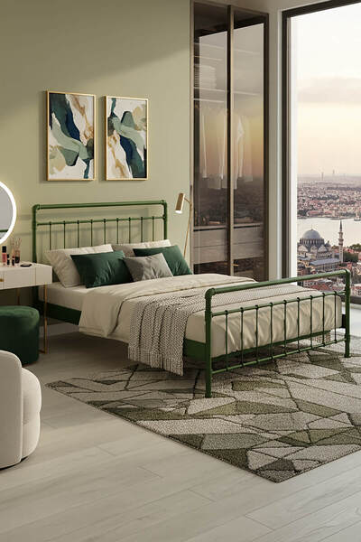 Unimet Odin Çift Kişilik Metal Karyola-Yeşil (AHŞAP LATALI)