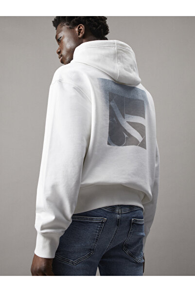 Calvin Klein Men Bright White Soft Layered Back Print Pullover Hoodie