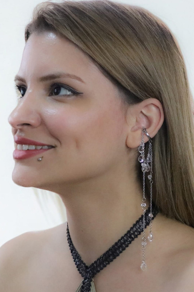 Cadının Dükkanı Kristal Taş Sallantılı Uzun Zincirli Cerrahi Çelik EarCuff Küpe
