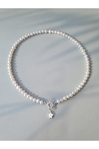 Abundo Cultured pearl necklace with mother-of-pearl and 925 silver star pendant, 39 cm